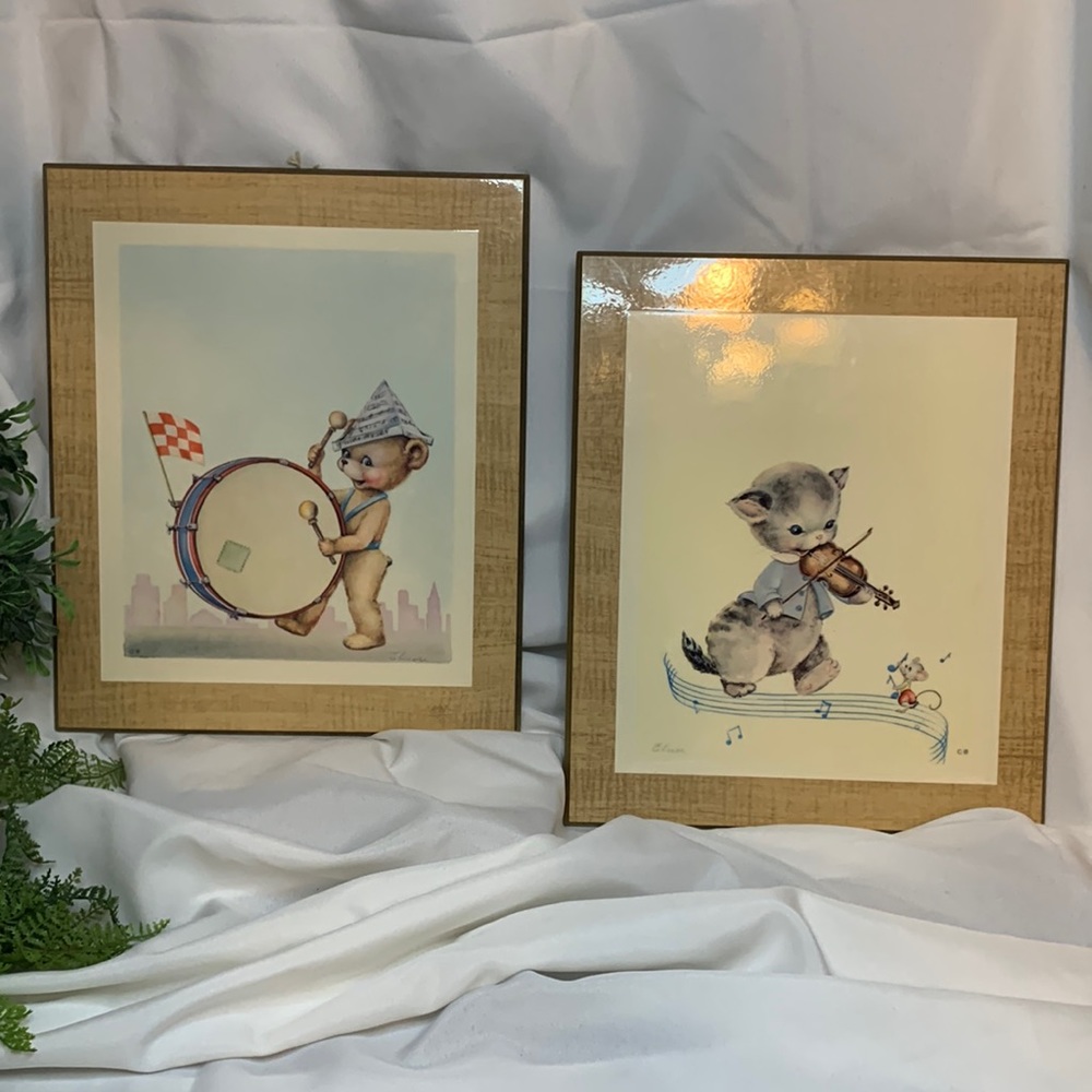 Vintage pair children’s nursery bear and cat artwork by Elnor